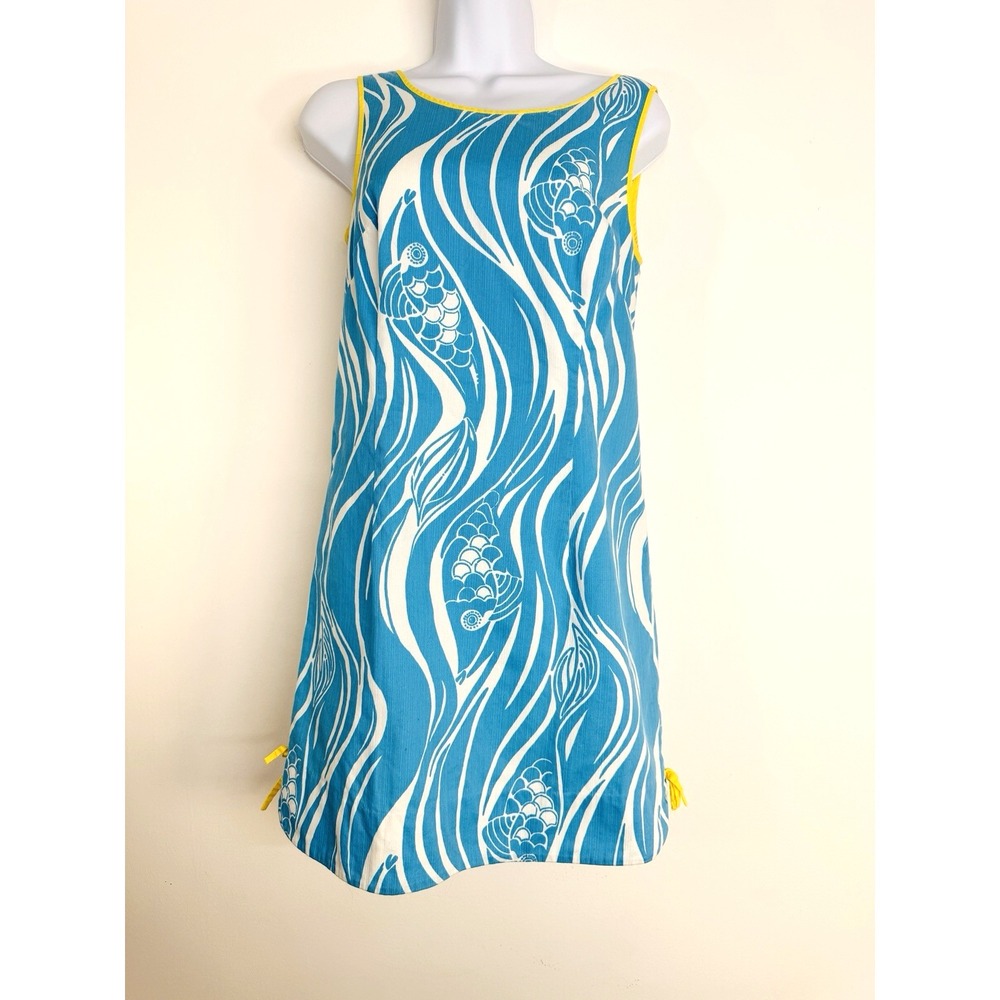 VTG LILLY PULITZER Joe Fish Delia Shift Mini Dress Dobby Cotton Blue Yellow Sz 4